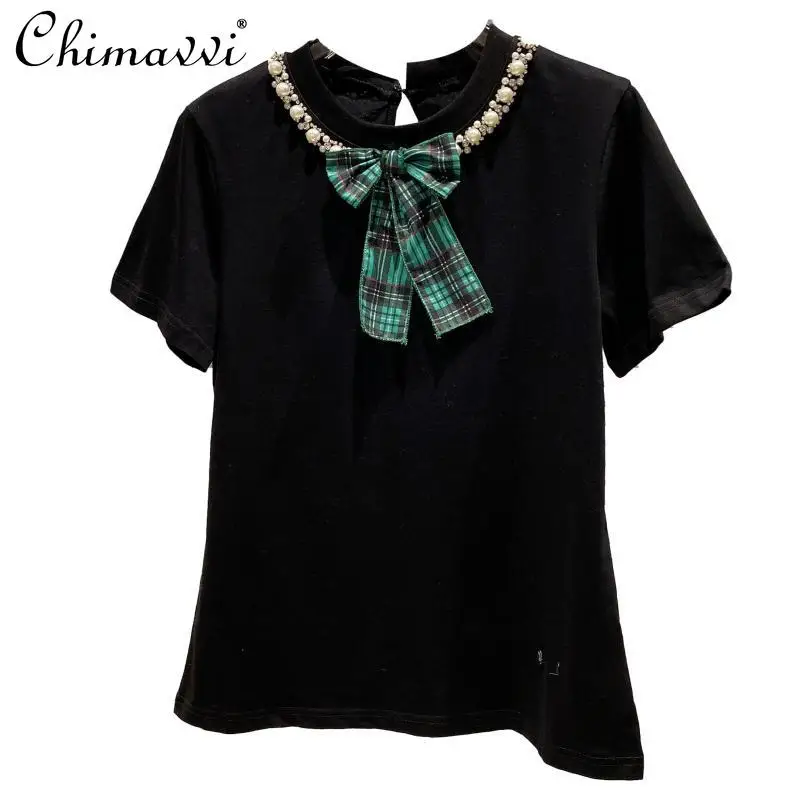 

Women 2021 Spring New Rhinestone Neckline T Shirt Bow Tie Elegant Lady Round Neck Shirt Top Short Sleeve T-shirt