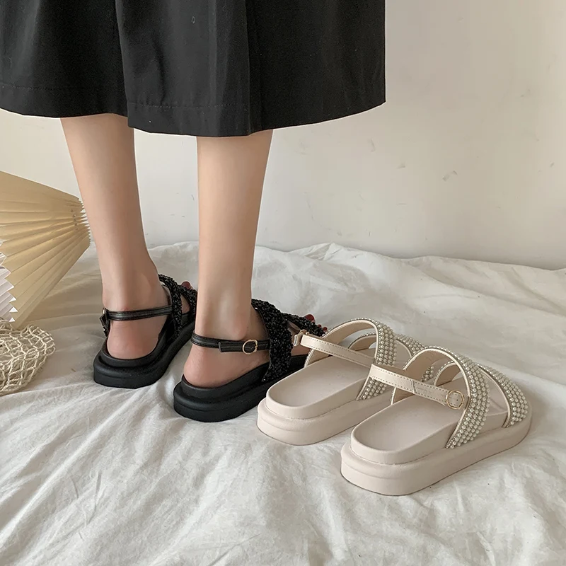 

2021 Summer Flat Sandal Shoe Clogs Wedge Women's Heels Muffins shoe Med All-Match Suit Female Beige Without Platform Girls Fashi