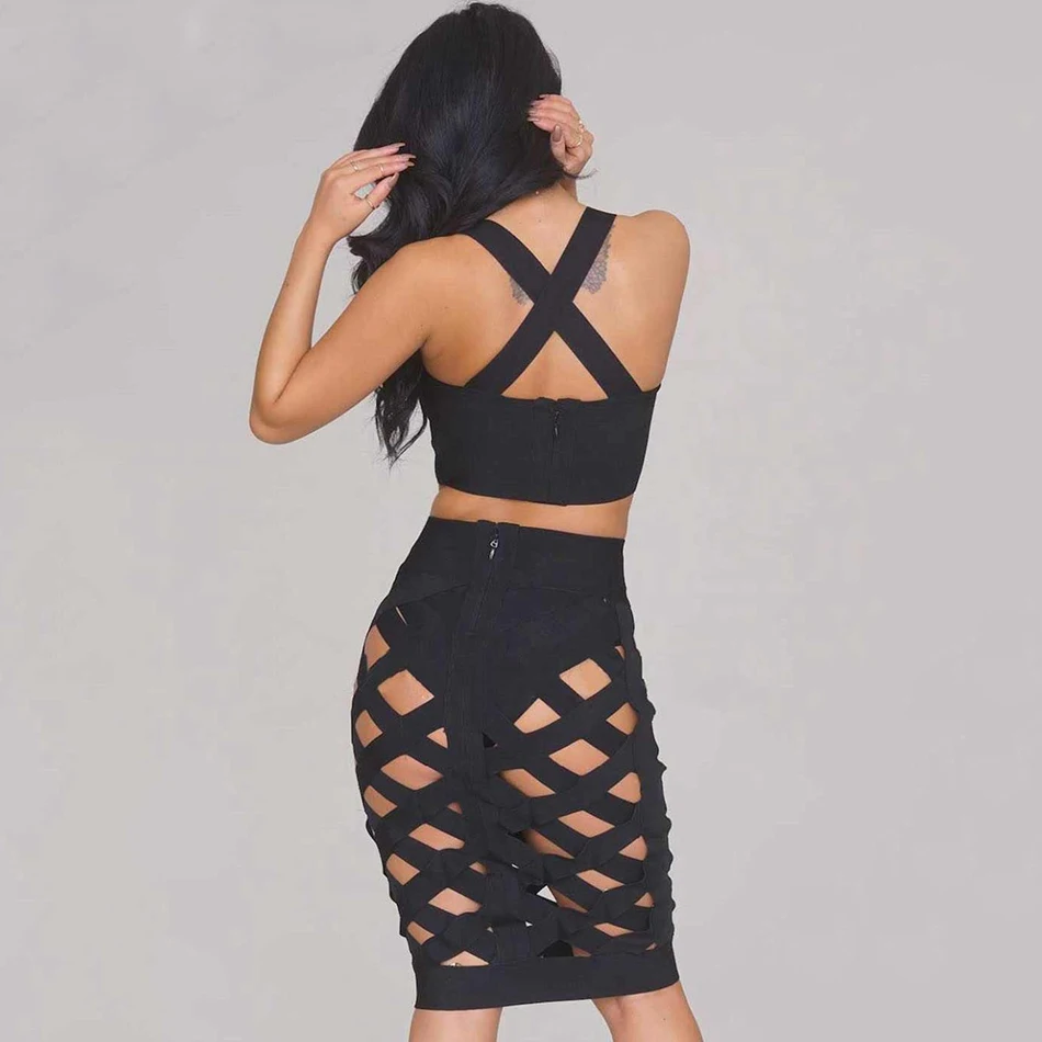 

Wholesale 2020 Autumn Winter Women Sexy Bodycon 3 Pieces Set Gorgeous Open Grid Cage Cross Over Celebrity Party Bandage Dress