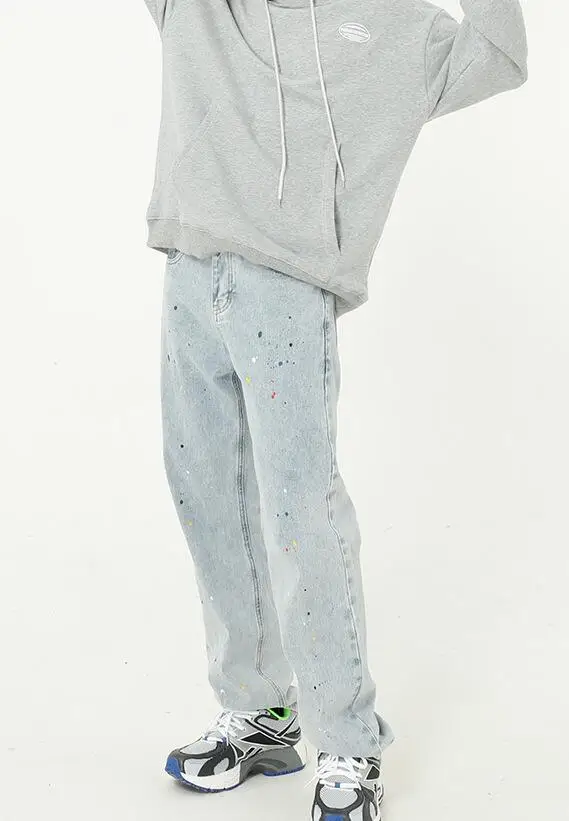 Hip Hop Paint Splashed Jeans Loose Straight Jeans Male Youth Hip Hop Retro Hole Jeans Straight Pants