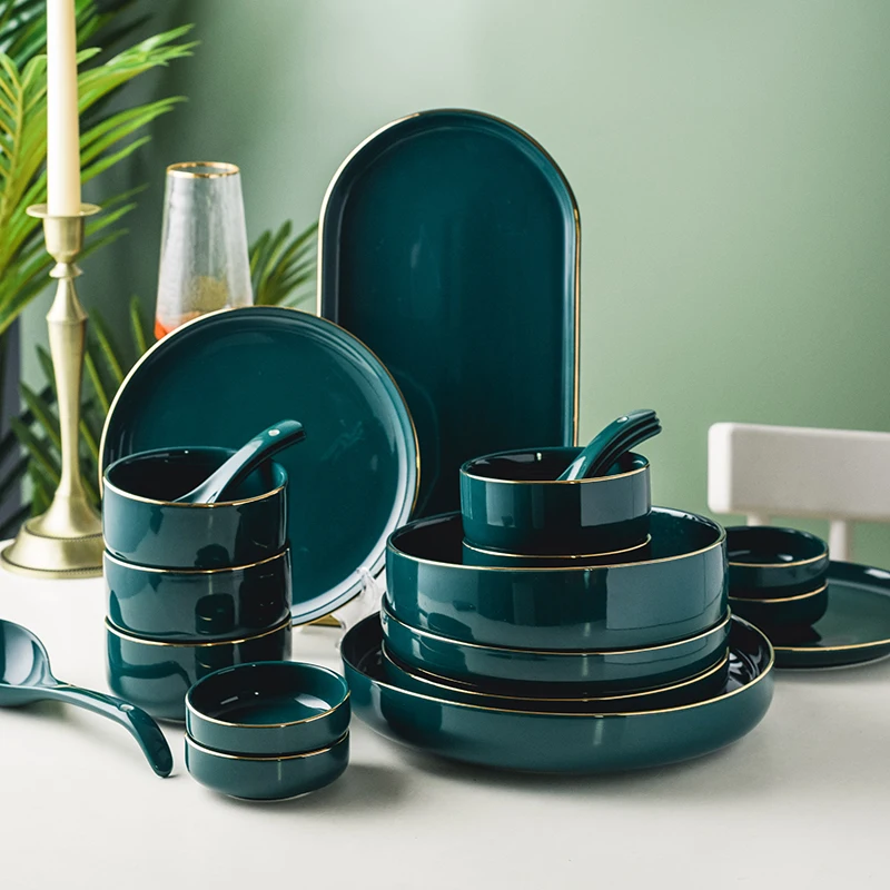 

Nordic Style Elegant Green Tableware Ceramics Painting Phnom Penh Plate Bowl Spoon Dish Sets Porcelian Dinnerware