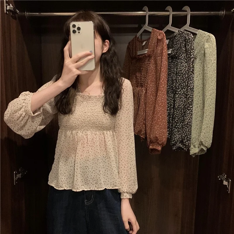 Рубашка женская с квадратным вырезом шифоновый короткий топ цветочным принтом