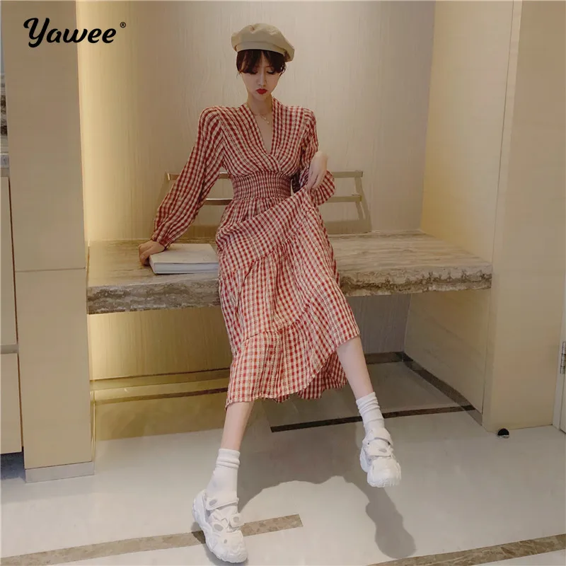 

Yawee elegant Sexy V Neck Plaid Dresses High Waist Puff long Sleeve Hit Color Long Dress Women 2020 Spring Casual Fashion