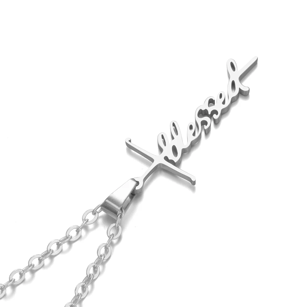 Цепочка Из Нержавеющей Стали ожерелье серебряного цвета кулон BLESSED Cross для женщин