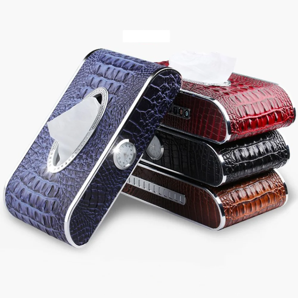 Универсальный автомобильный контейнер для салфеток с часами Кожаный