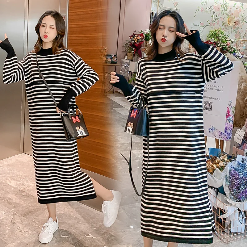 Осень зима 6003 черное Полосатое хлопковое длинное платье для кормящих матерей