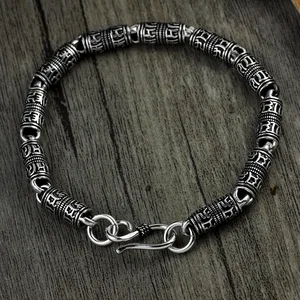 Тибетский браслет с мантрой из настоящего чистого 925 пробы серебра цепочки для мужчин Ом Мани Падме Хум с символом мира мужские s браслеты 2017