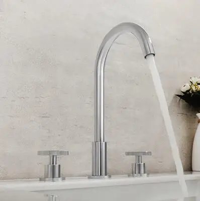 Basin Faucet Brushed golden color split Double handle bathroom washbasin three-hole faucet Hot and Cold water ZFL9999 | Обустройство