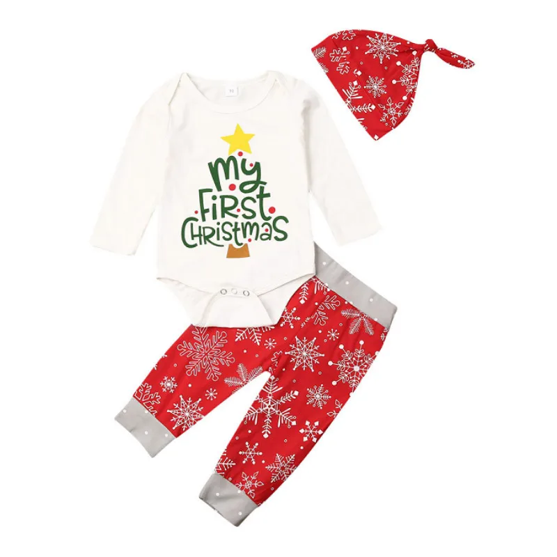 My first christmas/Одежда для маленьких девочек одежда со снежинками для новорожденных девочек комбинезон топы, штаны с цветочным рисунком Набор рождественских костюмов, 3 предмета