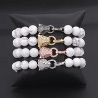new design high quality cubic zirconia leopard charm natural stone howlite beads macrame bracelet women