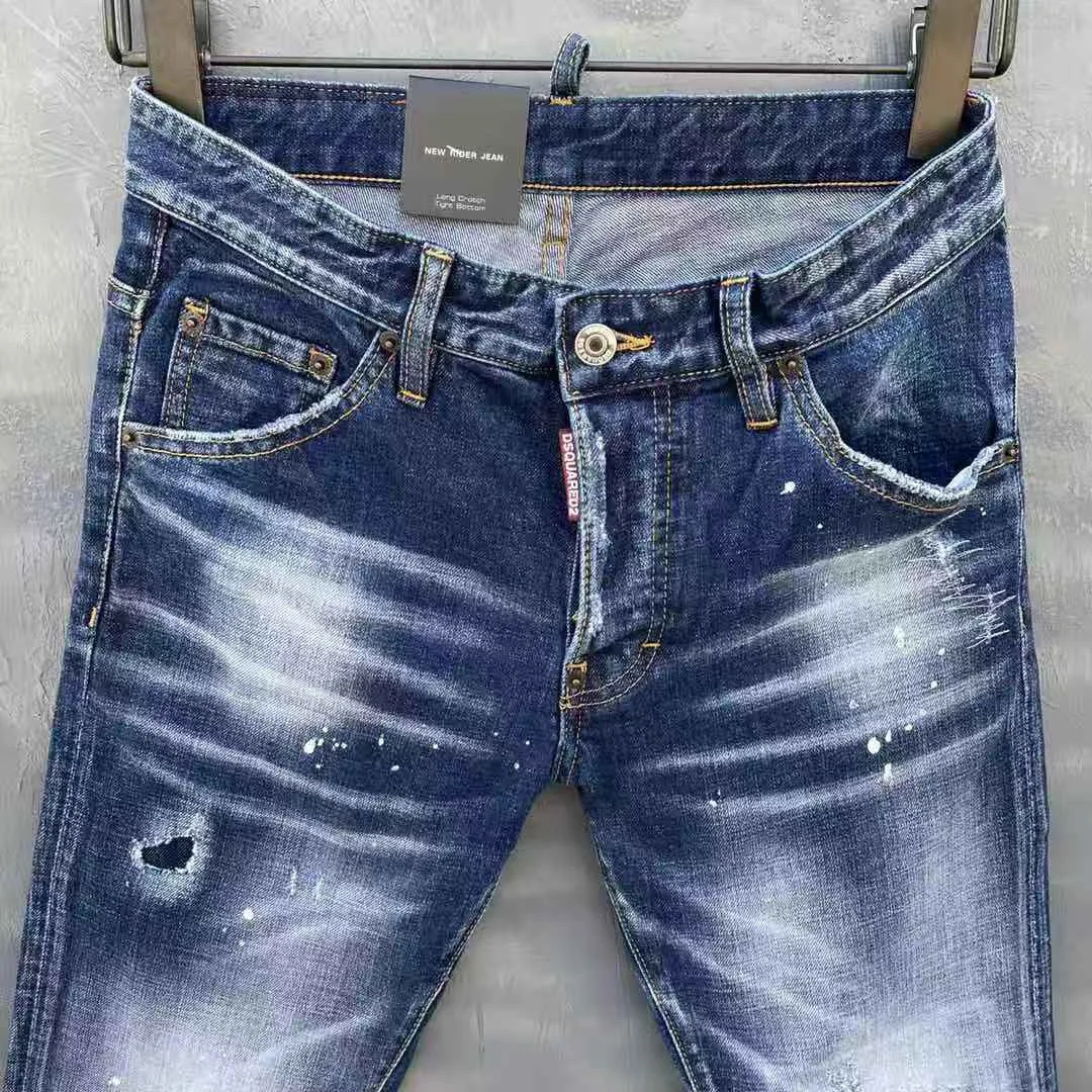 2022 Spring Summer DSQUARED2 Men's/Women's Washed Blue Simple Slim-Fit Stretch Hole Patch Jeans 9150