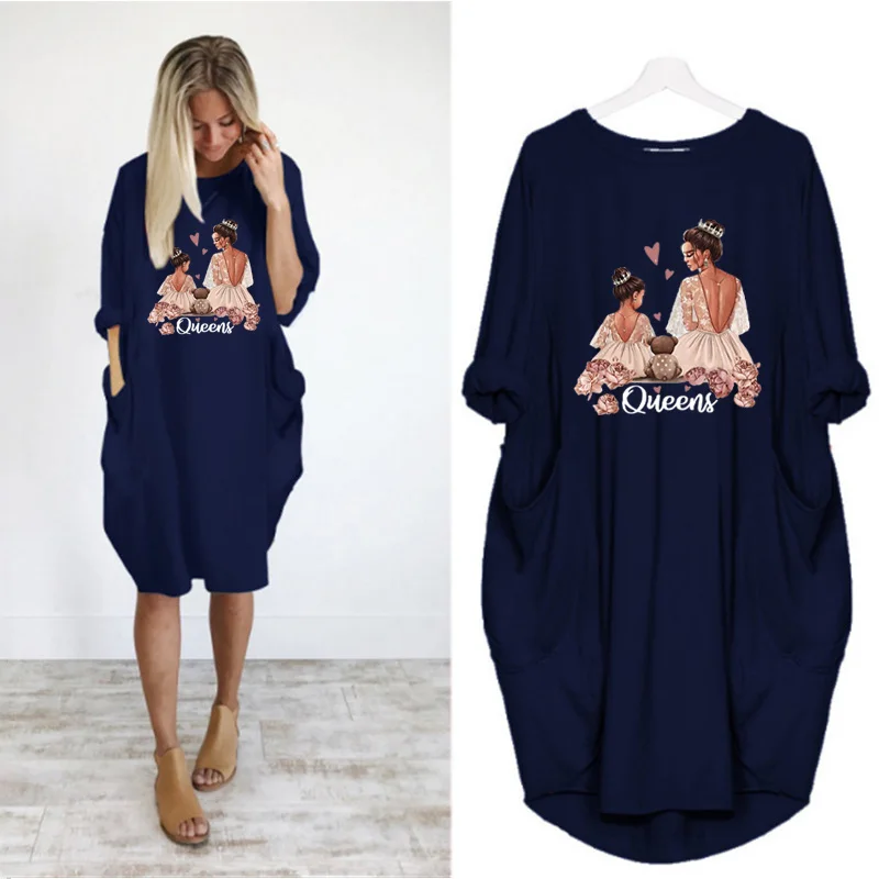 

Long Sleeve Vintage Dress Plus Size Loose Dresses for Women Kids and Mom Print Casual o Neck Pocket Party Vestidos Robes Femme