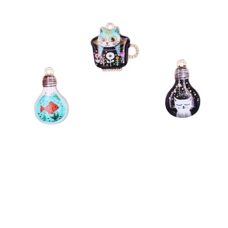 10 шт./лот модные Мультяшные животные Кот чашка лампочка Рыба Эмаль Подвески сплав