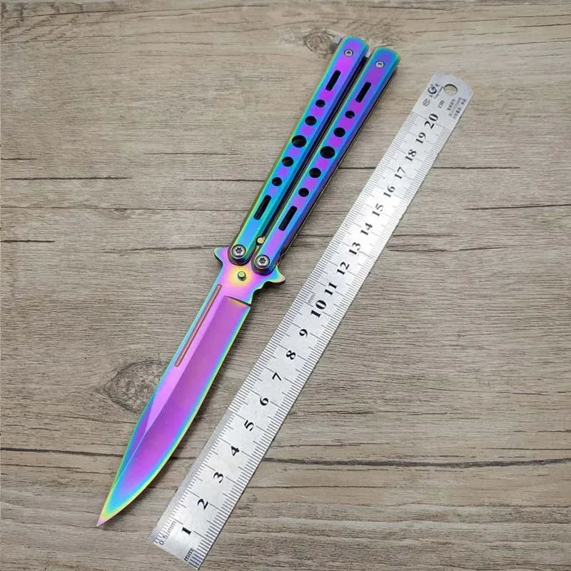 rainbow color thin Титановый Радужный нож 5Cr13Mov из нержавеющей стали, тренировочный нож-бабочка, игровой нож, тупой инструмент, без края - Цвет: rainbow color thin