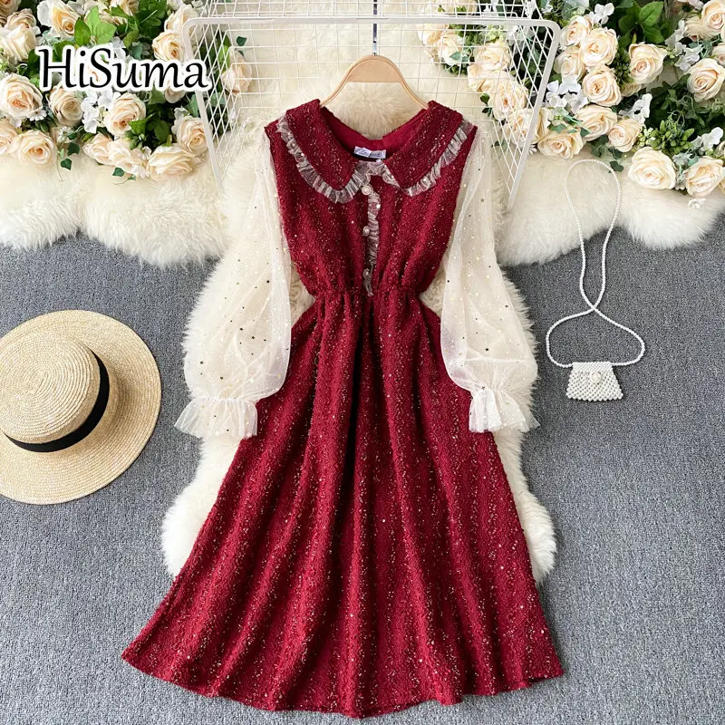 

Женское шелковое Сетчатое платье, элегантное яркое платье-трапеция с отложным воротником, рукавом 2021, весна фонарик с блестками