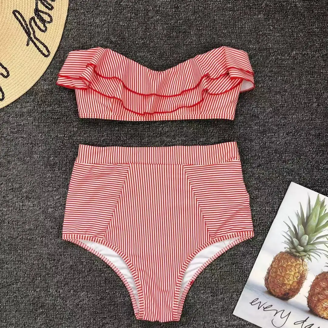 

Women's Swimsuit Irregular Striped Ruffle Two Pieces Sexy Bikini Set High Waist Bathing Suits Beach Wear Female Summer