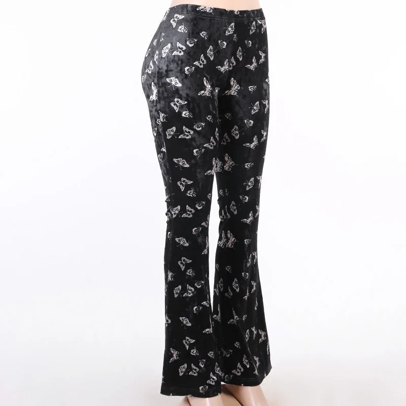 

Vintage Gothic Butterfly Printing Pants High Waist Black Slim Autumn Flare Trousers Women Streetwear