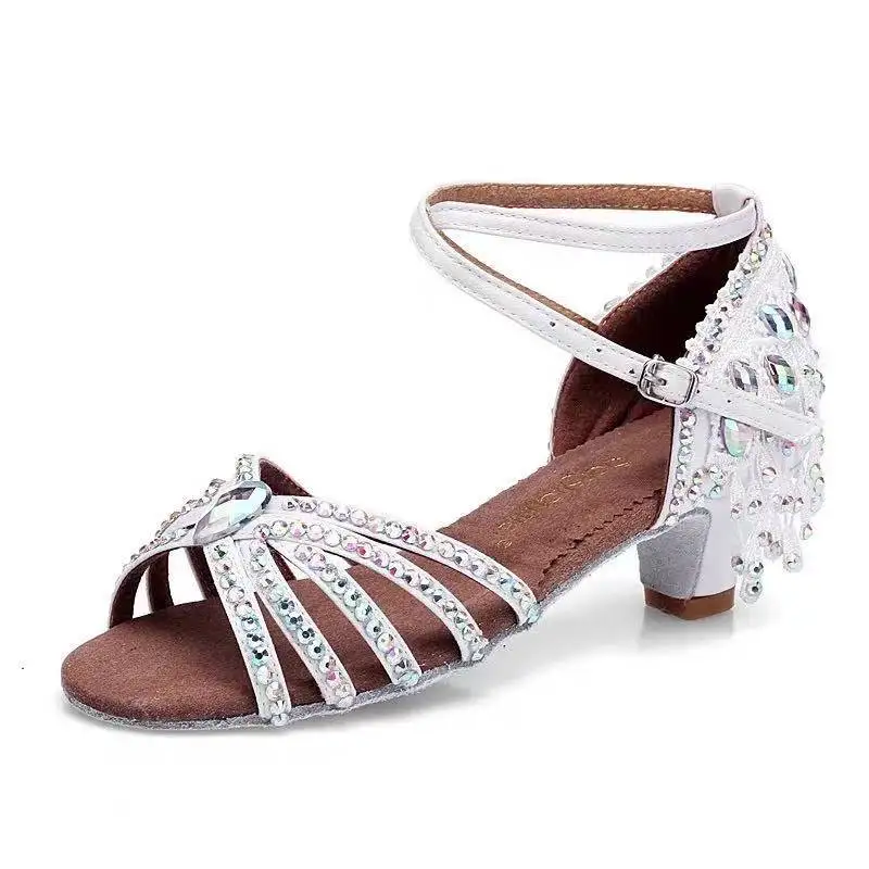 Танцевальные туфли для женщин на вечеринку танго из сатина с блестящими стразами для бального, балетного, сальса и латиноамериканского танца на каблуке 4 см.