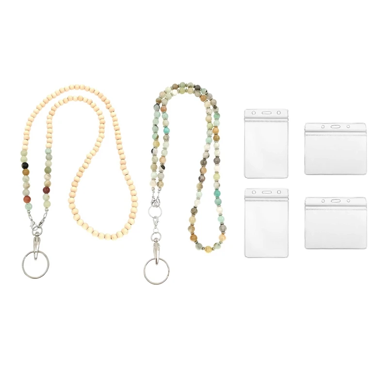 

2 Pcs Beaded Lanyards, Wooden Beaded Lanyards Keys Eyeglass Lanyards With 4 Card Holders Beaded Lanyards For ID Badge