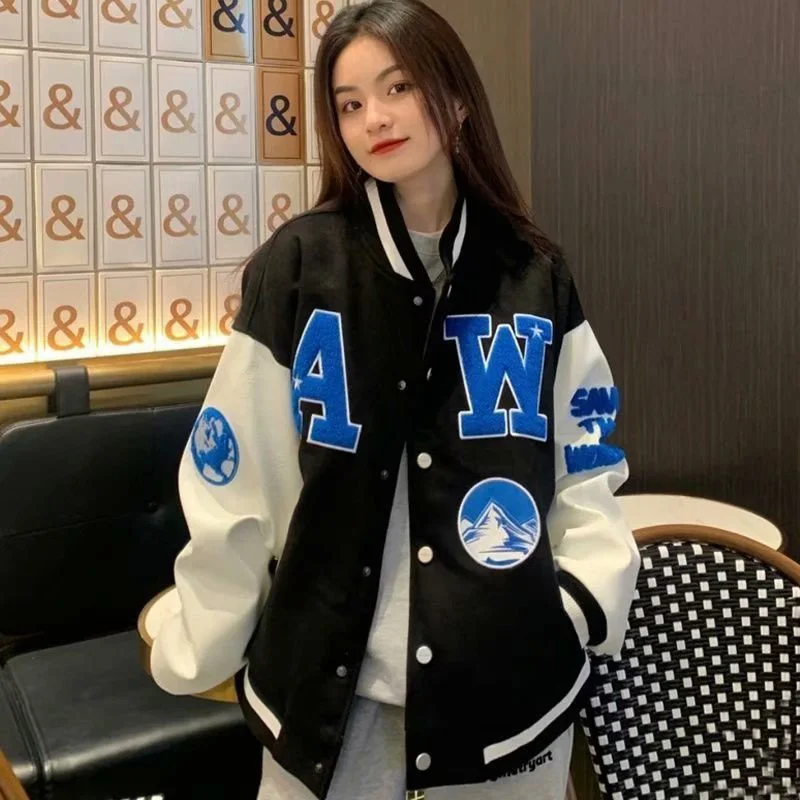 

Женская бейсбольная форма с буквенным принтом, новинка 2021, однобортная куртка оверсайз в стиле пэчворк, свободная куртка в Корейском стиле ...