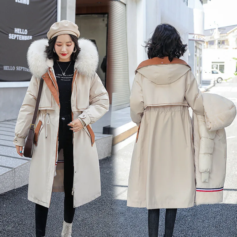 

2021 Women Long Parkas Casual Fur Collar Hooded Warm Cotton Paddded Coat Outwear Female Warm Wool Liner Jacket Winter Thicken
