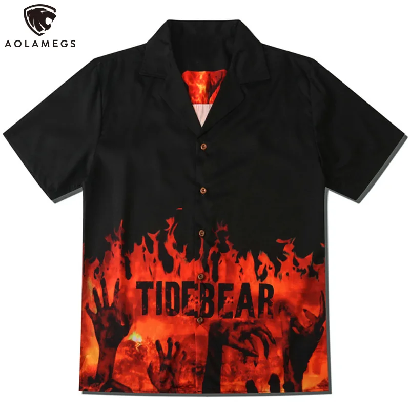 

Aolamegs High Street Men's Shirts Flame Letter Diablo Blouse Summer Casual Hawaiian Shirts Fashion Hip Hop Streetwear All-match