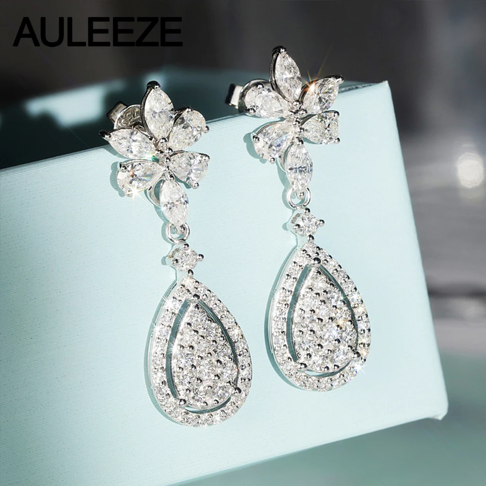 AULEEZE Роскошные 14 К белого золота Груша Cut DF цвет Moissanite цветок Форма висячие серьги с акцентами для женщин юбилейные подарки
