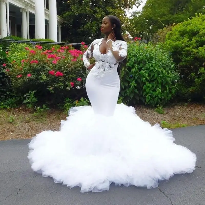 

Long Sleeve Wedding Dresses Mermade V Neck Ruffle Bridal Gowns Appliques Lace Sweep Train Illusion Sheer Bridal Gowns