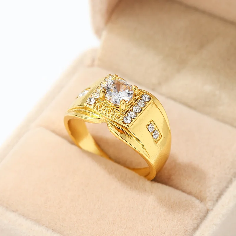 

Classic Square Geometric Gold Color Finger Ring with Rhinestone Zircon Crystal for Men Male Party Wedding Engagement Jewelry