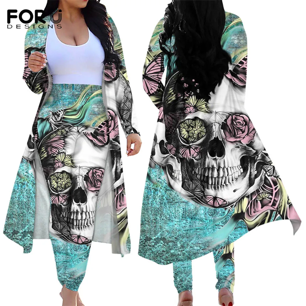 

Женский комплект из 2 предметов FORUDESIGNS, свитшот с рисунком черепа в готическом стиле, женский кардиган оверсайз, леггинсы с высокой талией