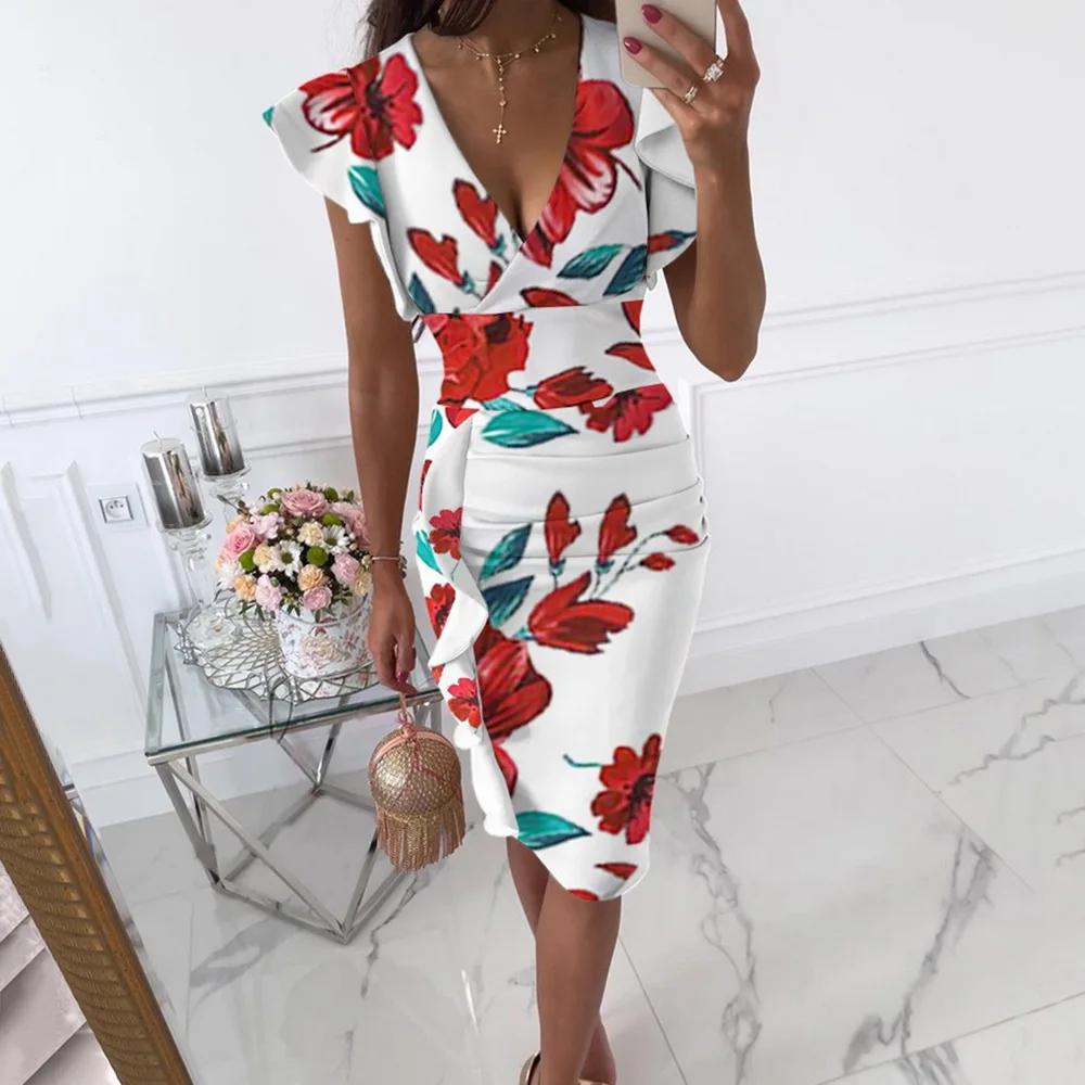 

V-neck Printed Dress Summer Party Dress Ladies Slim Fit Waist Frilled Ruffle Dress Sexy Tight Fit Short Sleeve Casual