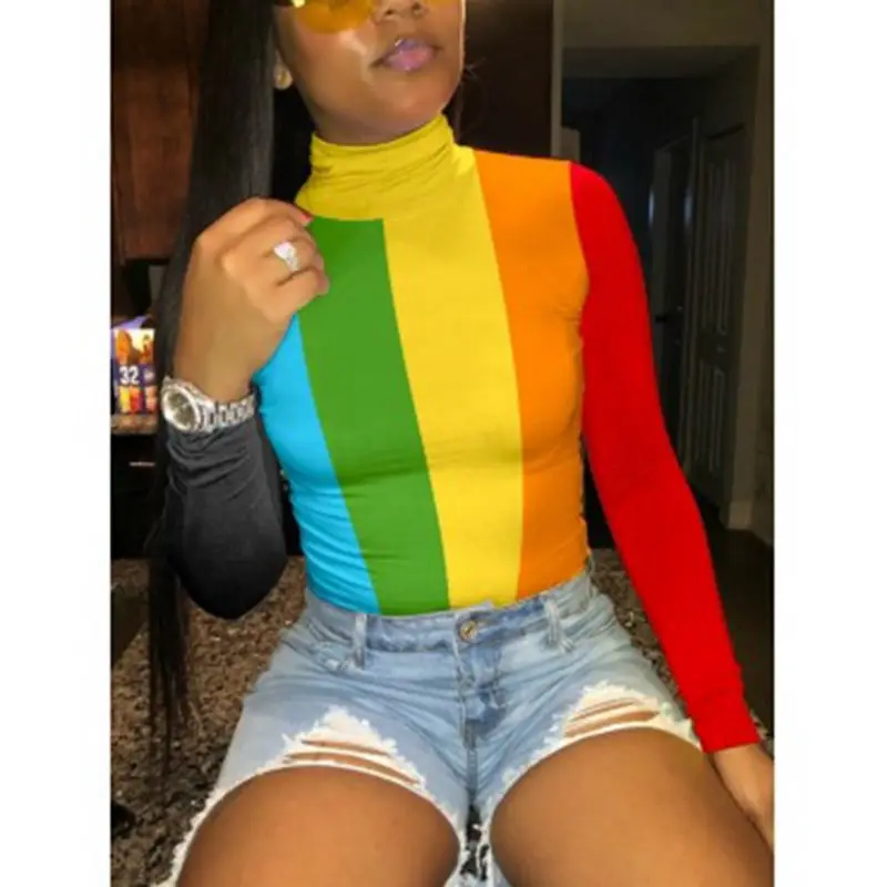 

ZOOEFFBB Plus Size Clothing Aesthetic Print Turtleneck Elasticity Shirts Long Sleeve Top Graphic Tee Sexy Club Outfits for Women