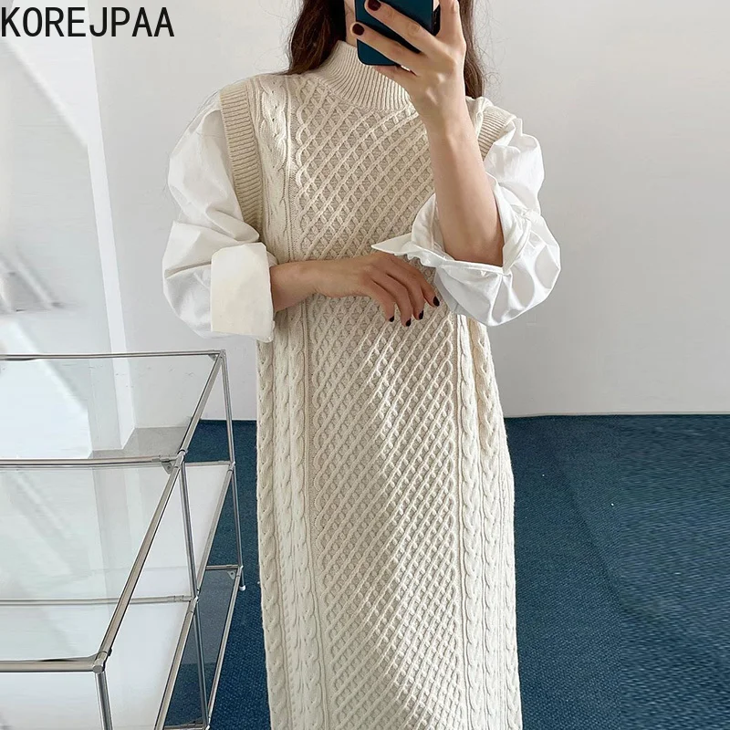 

Korejpaa Elegant Women Dress Autumn Winter Retro Half High Neck Chic Stitching Fake Two Piece Solid Color Knitted Dresses 2022