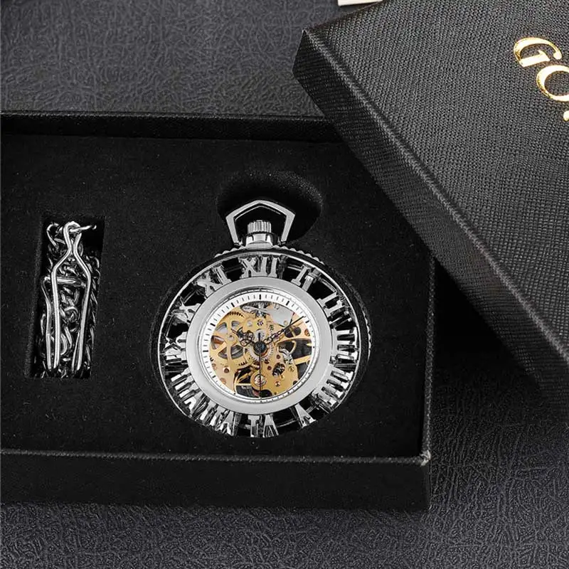 sliver set Ретро Черные Мужские механические часы полые римские цифры для скульптурной резьбы циферблат часы Скелет стимпанк карманные часы для Fob цепи - Цвет: sliver set