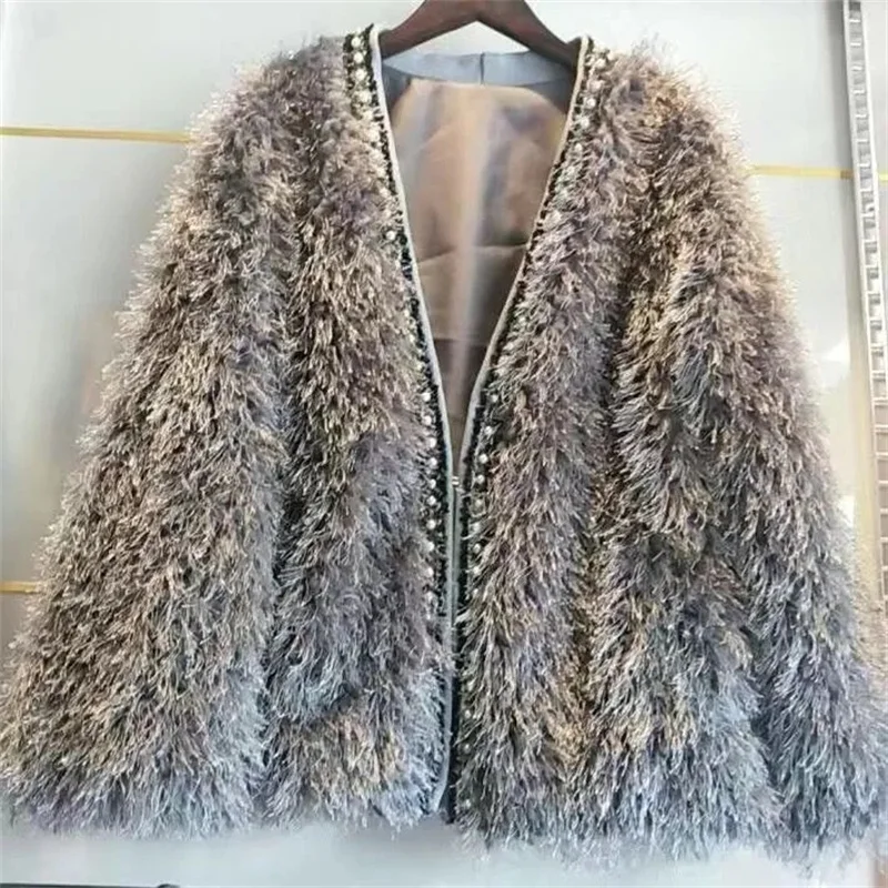 Heavy Industry Beading Faux Fur Coat 2021New Autumn And Winter Cardigan Lamb Wool Coat Temperament Solid Color Fur Jacket Ladies