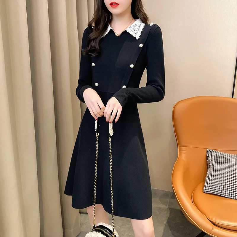 

Women Sweater Dress Autumn Winter Lace Trun Down Collar Strentch Dress Ladies Long Sleeve A-line Knitted Dress Vestidos Female