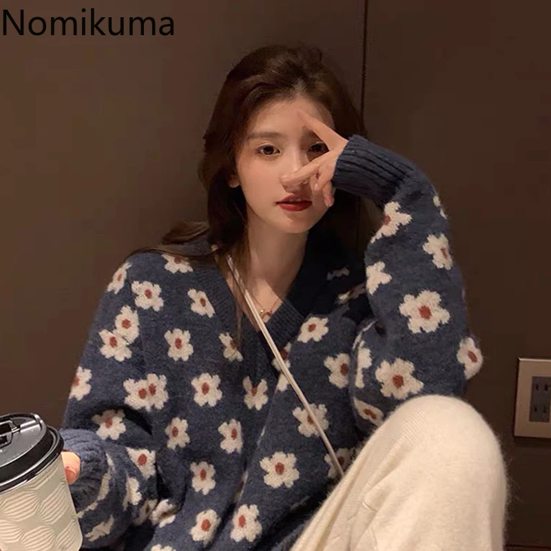 

Женский пуловер с цветочным узором Nomikuma, джемперы с V-образным вырезом и длинным рукавом, повседневный свободный винтажный вязаный свитер, н...