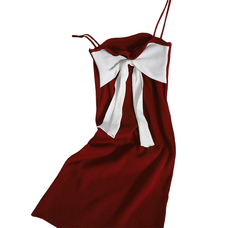 

Abrini Spring Summer Dress 2021 Sweet Slim Fit Bow Slip Dress Spaghetti Strap Sleeveless Knitted Vestidos Robe Femme Slash Neck