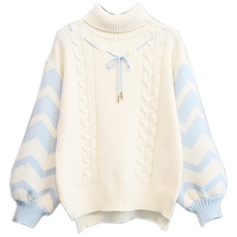 Женские пуловеры с высоким воротником и поясом на шнуровке рукавами-фонариками