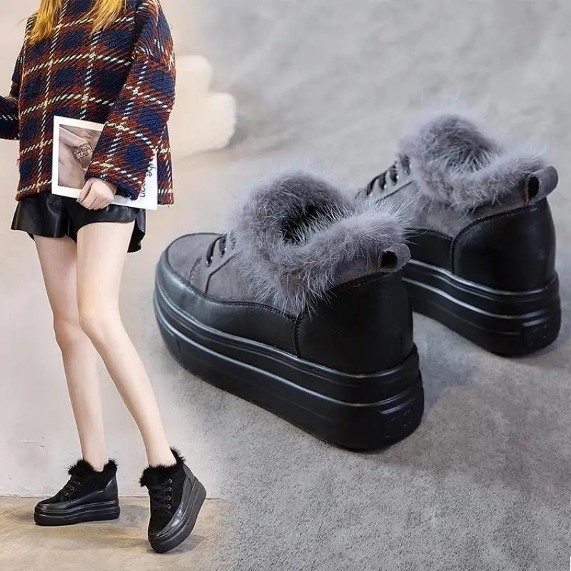 

Really Rabbit Fur Platform Sneakers Women Winter Shoes Genuine Leather Snow Boots Wedges Shoes 2020 New Chunky Platform Sneakers