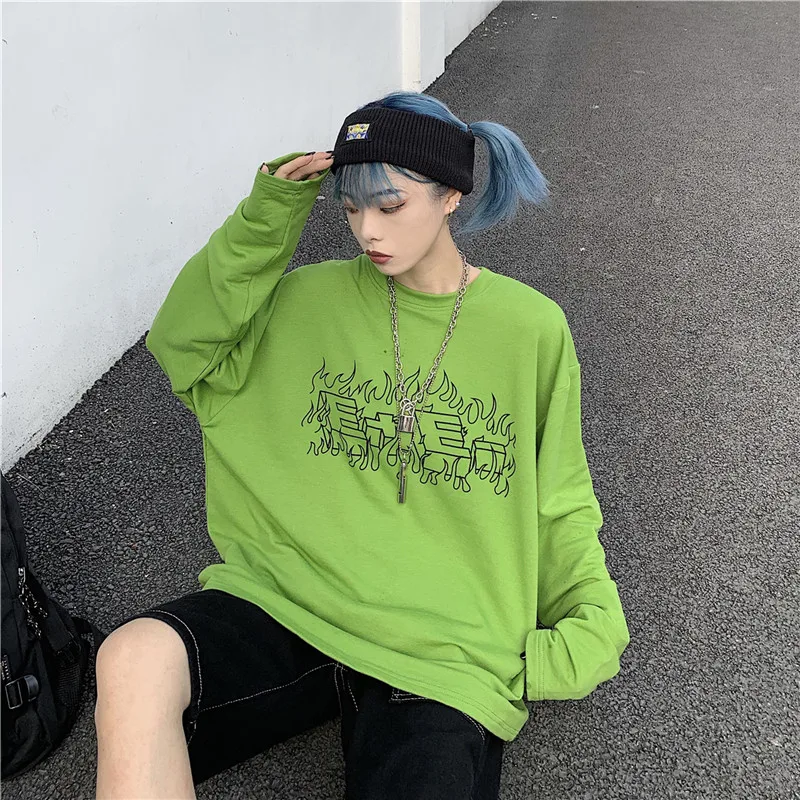 Lychee Harajuku, чистый цвет, длинный рукав, женская футболка, пламя, буквенный принт, осень, женская футболка, свободная, зеленая, женская футболка