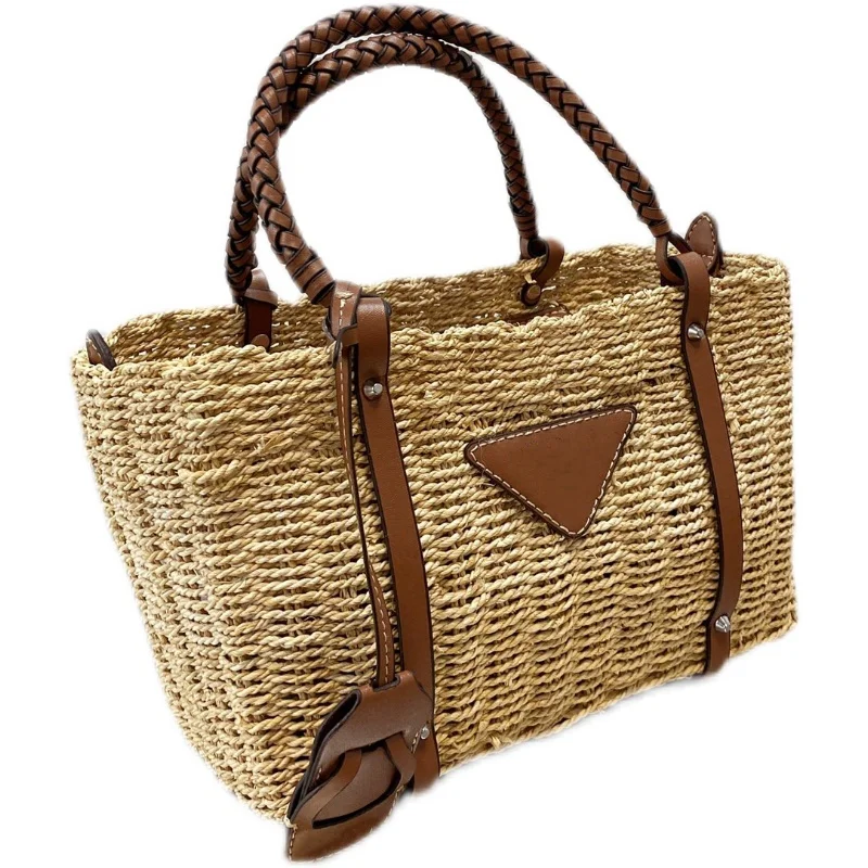 

Luxury Sunny Vegetable Basket Straw Woven Bag Female 2021 Holiday Beach Bag Leather Large-capacity with Gift Box Shopping Bag