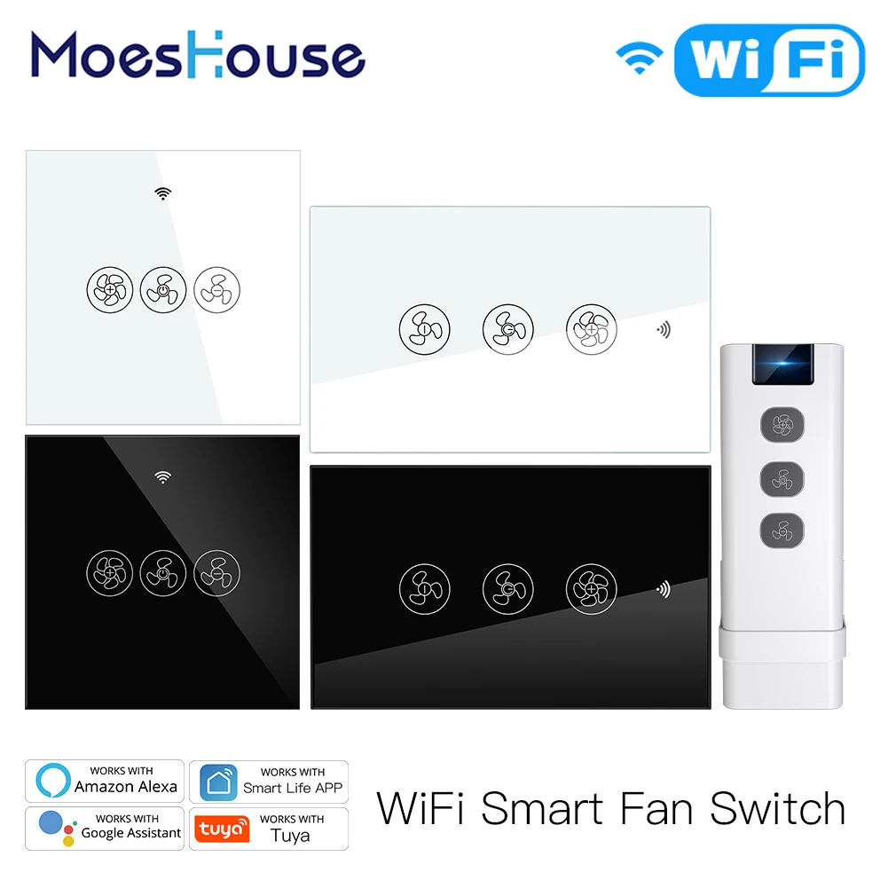 

WiFi RF433 Smart Ceiling Fan Switch Smart Life/Tuya App 2/3 Way control Wireless Remote Control Works with Alexa and Google