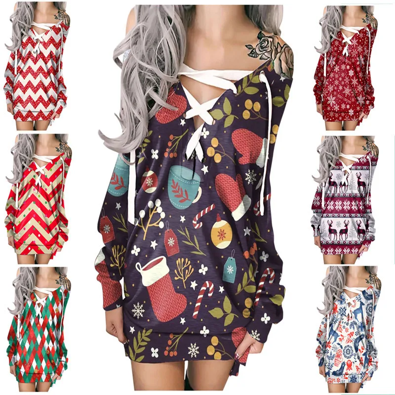 

Christmas Female Clothin Autumn Winter Dress 2021 Patchwork Printing Knotted Shirring V-Neck Harajuku Long Sleeve Tunics Dresses