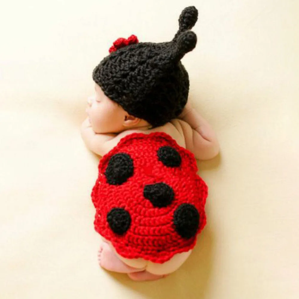 

Baby Hundred Days Seven Star Ladybug Cape Adorable Photography Set Newborn Soft Lace Handmade Knitted Hat Props Kids Souvenir