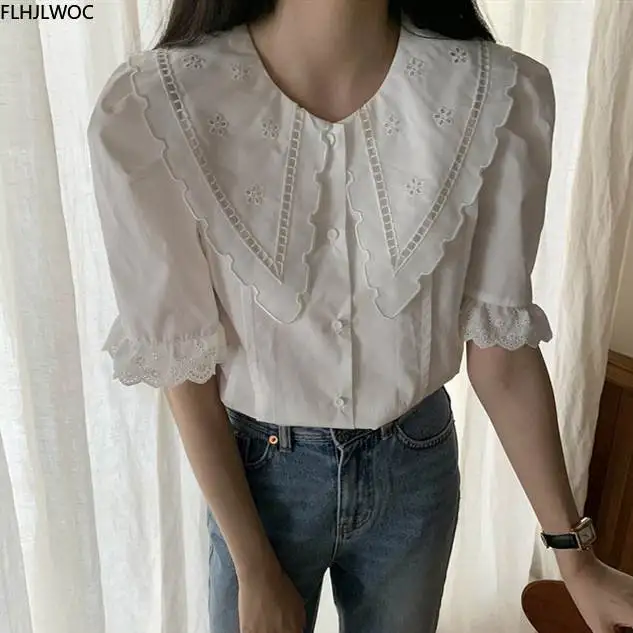 

Puff Sleeve Tops Summer Short Sleeve Single-Breasted Shirt White Lace Office Lady Korean Japan Style Design Women Tops