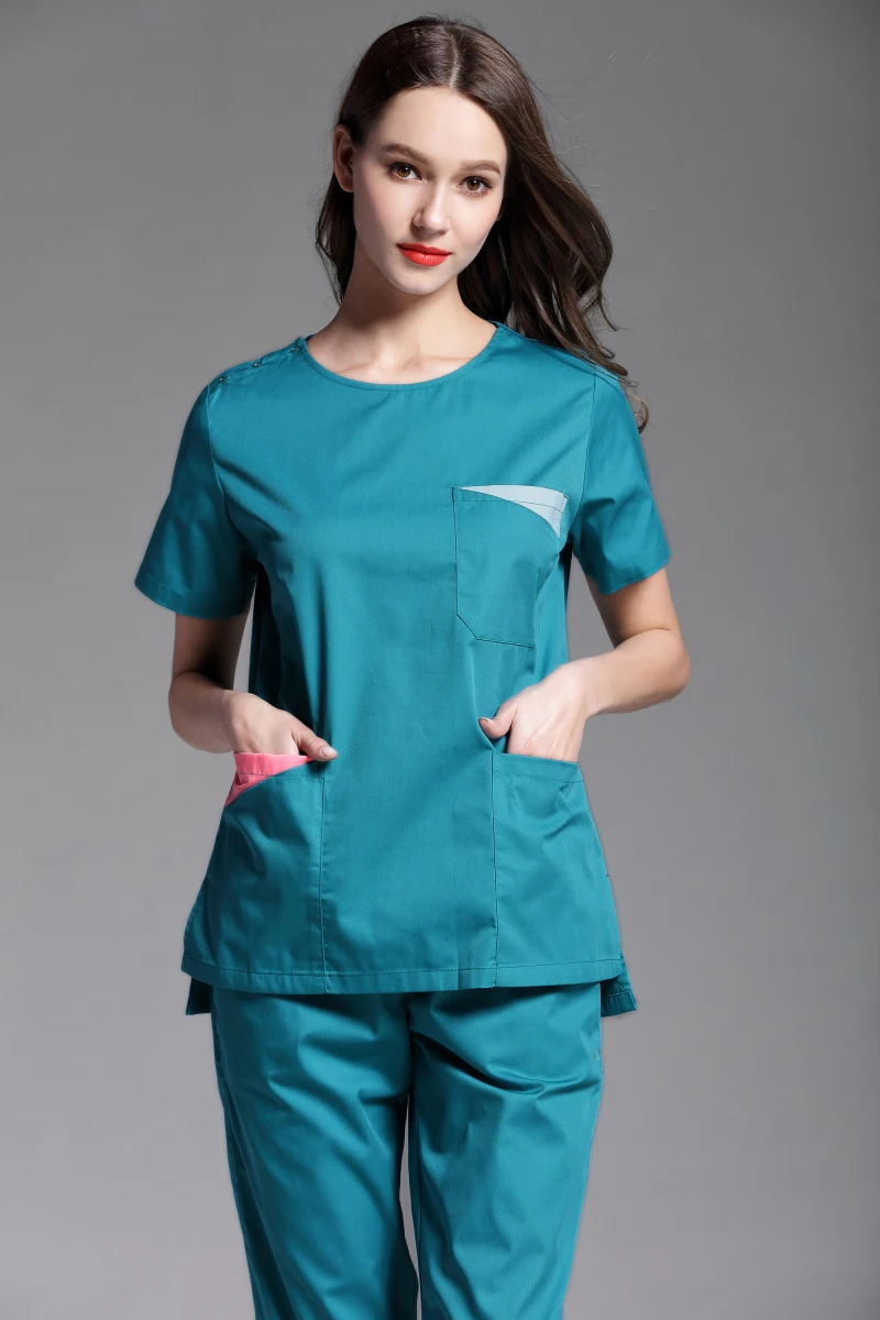 Женская летняя форма с коротким рукавом и круглым вырезом карманами|Медицинский