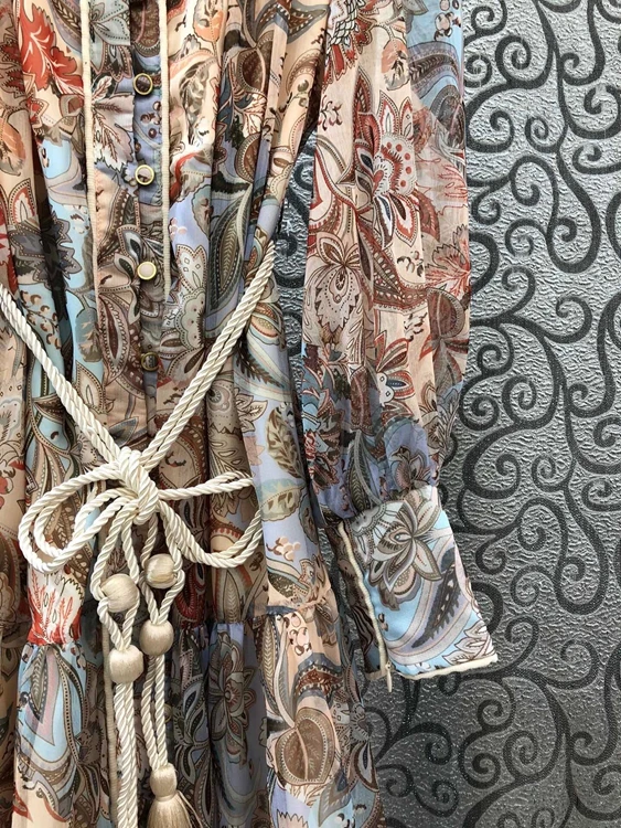 

New 2021 Spring Long Dress High Quality Women Stand Neck Vintage Print Tunic Buttons Front Tassel Belt Deco Long Maxi Dress Boho