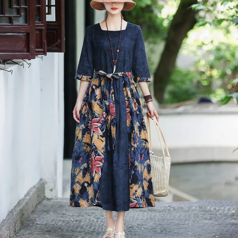 

Johnature Women Cotton Linen Dresses Square Neck Three Quarter Sleeve Belt Print Floral Clothes 2021 Summer New Patchwork Dress