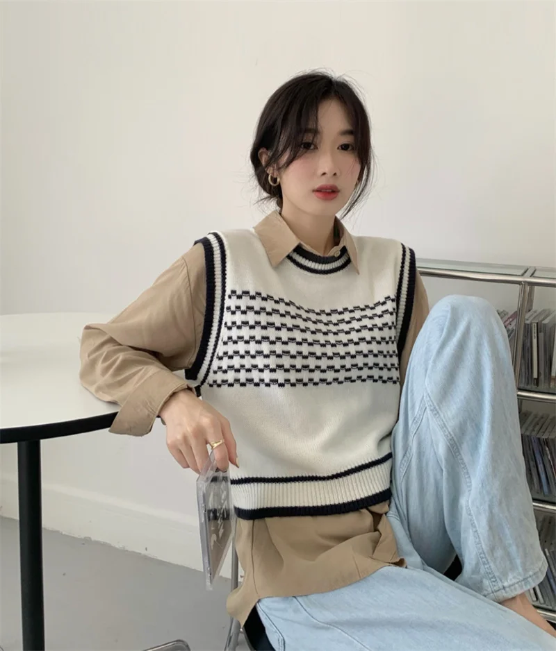 Жилет женский полосатый с круглым вырезом тонкий Свободный Топ в Корейском стиле